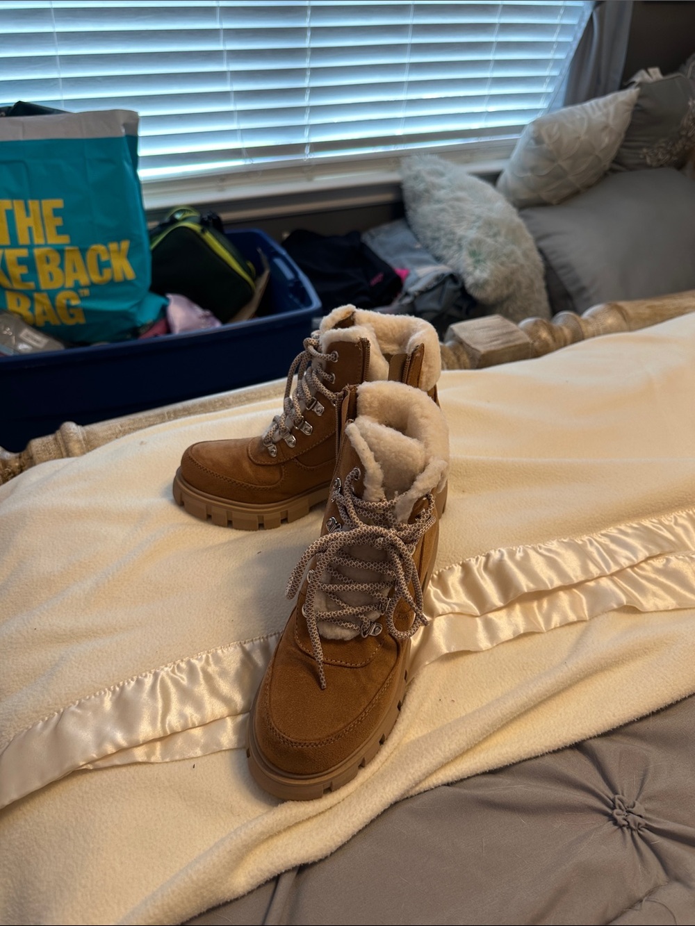 Soda Tan Faux-Shearling Lace-Up Winter Boots